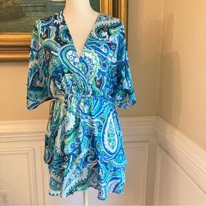 ZARA Blue Green Paisley Scarf Print Tiered Ruffle Mini Kimono Dress